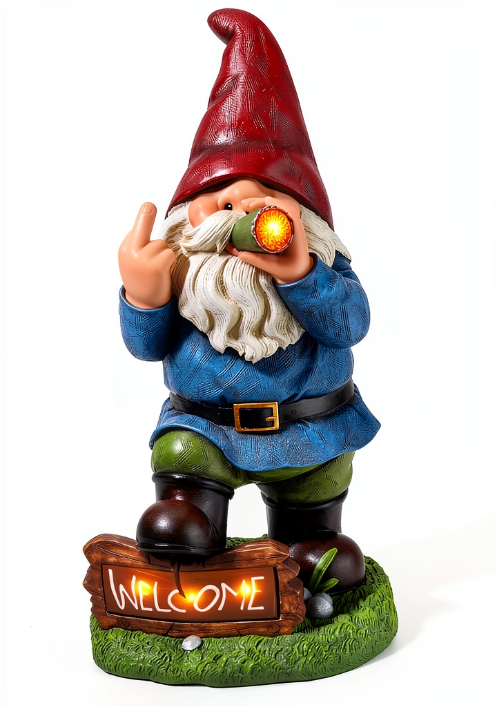 Panven solar garden gnome displayed in a lush garden setting