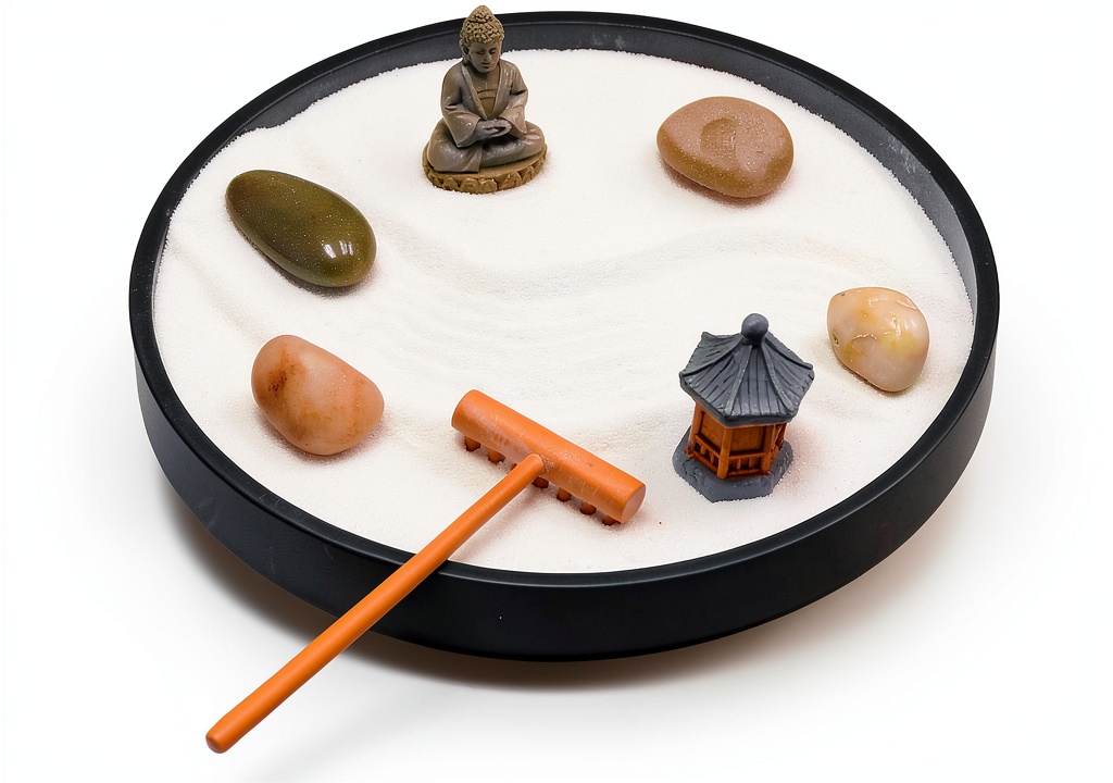 Japanese Zen Garden displayed on a wooden desk with sand and figures